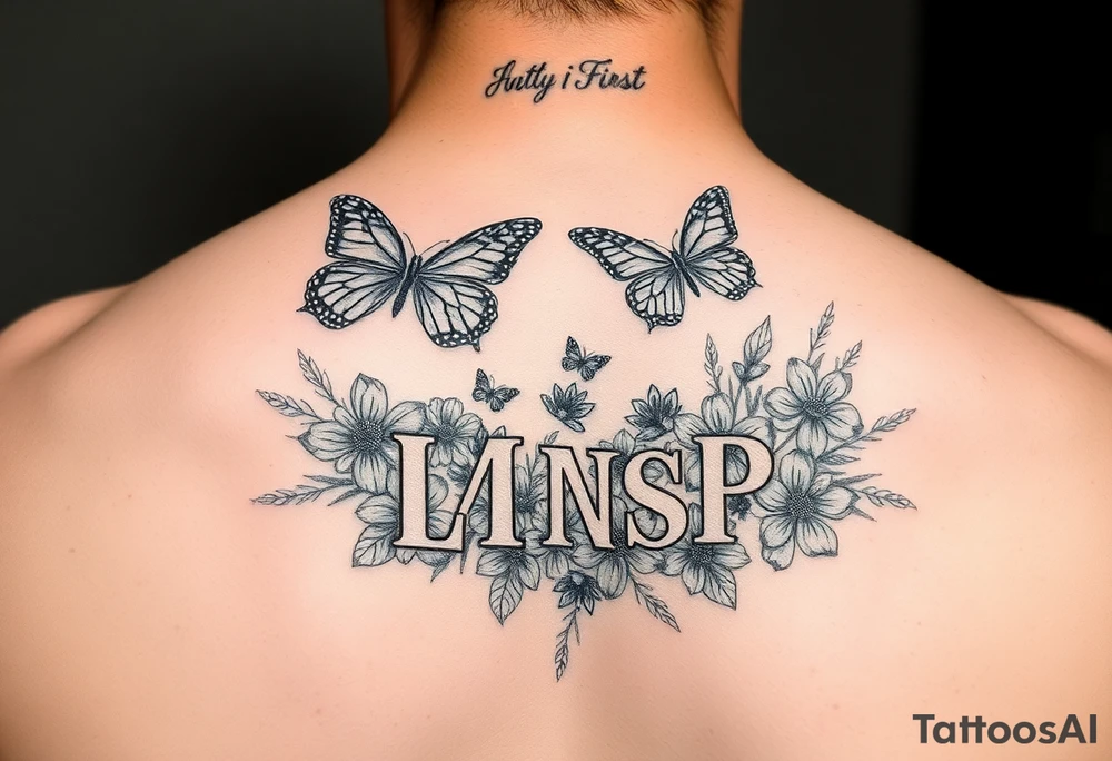 Love myself First with butterflies and flowers 
Letters L,M,N,O,P discreetly hidden among the foliage tattoo idea