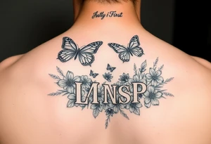 Love myself First with butterflies and flowers 
Letters L,M,N,O,P discreetly hidden among the foliage tattoo idea