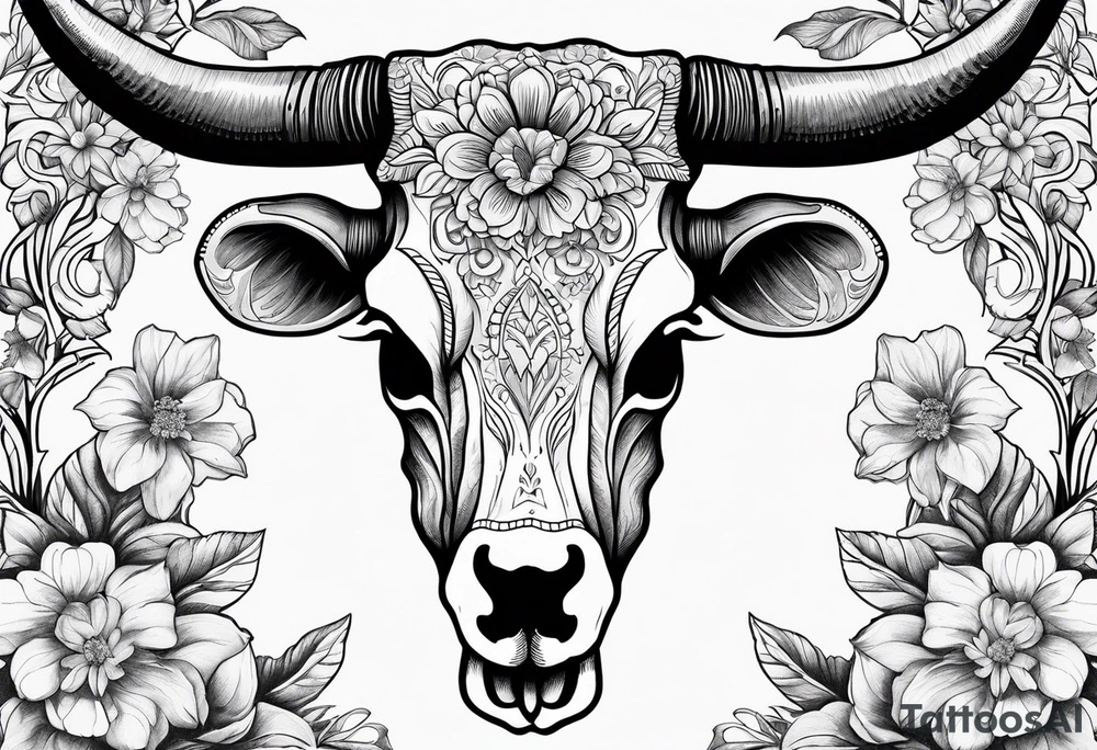 Detailed drawing of a longhorn skull surrounded by detailed flowers tattoo idea