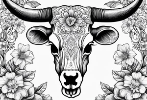 Detailed drawing of a longhorn skull surrounded by detailed flowers tattoo idea