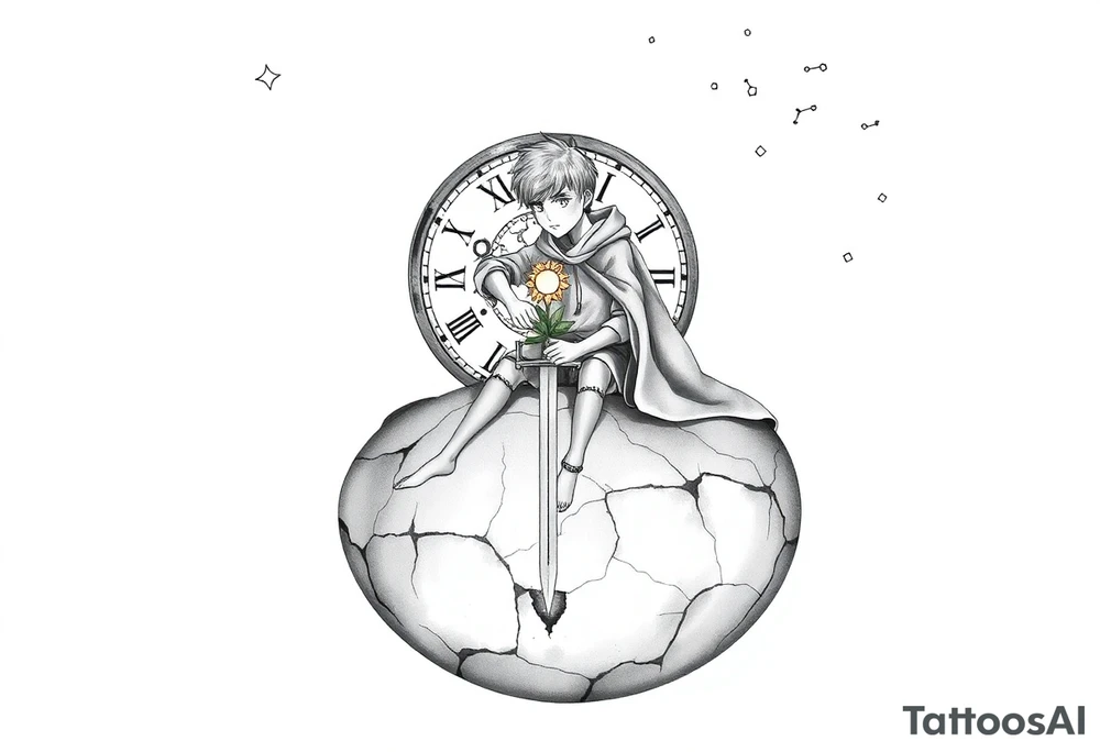 A reimagined masculine version of The Little Prince sitting on a cracked, floating planet. He has a calm,  wearing a slightly worn cloak. Behind him floats a broken clock with exposed gears, representing anxiety and overthinking. Instead of a rose, a flower wraps around a sword stuck into the ground—symbolizing love and emotional struggle. A glowing star burns in his chest, symbolizing inner strength and controlled passion. Around him are small floating fragments, like puzzle pieces or mechanical parts—representing deep thought and attention to detail. The sky shows incomplete constellations, symbolizing the search for connection and meaning. Style: fine line with surrealist touches, black and grey, minimalist shading. tattoo idea
