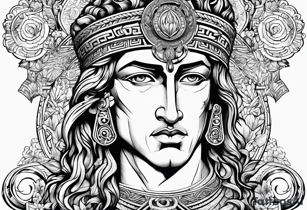greek god with meander surround tattoo idea