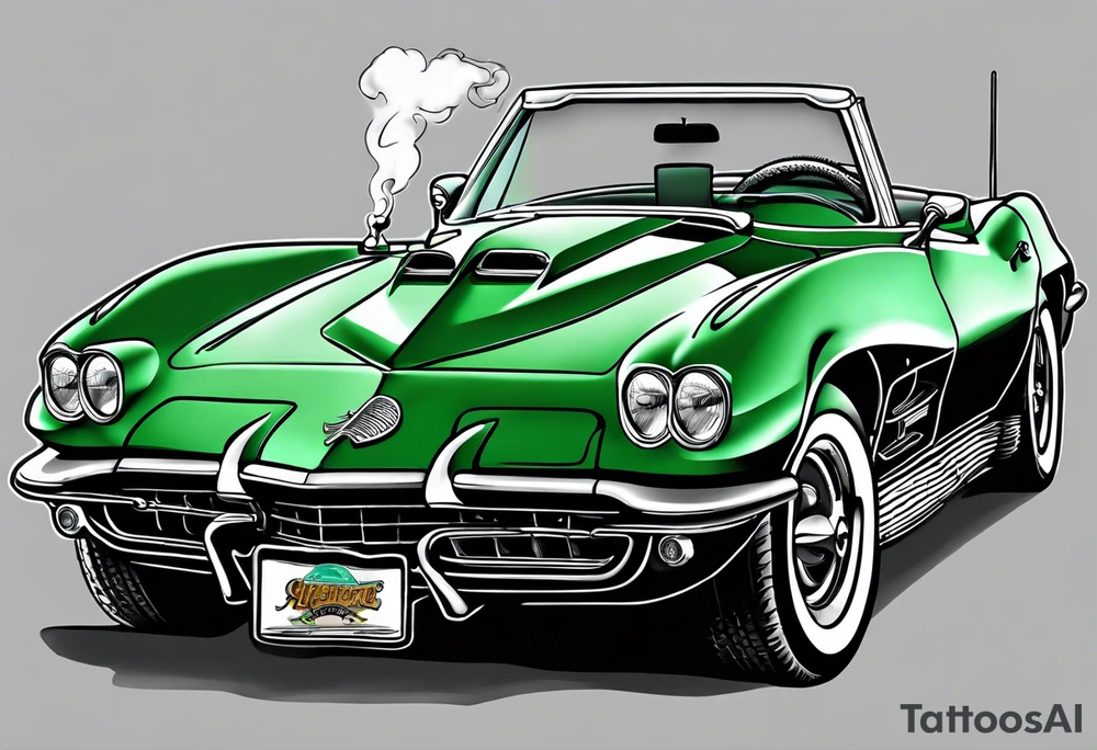 Skeleton smoking a cigarette driving a green 1976 convertible Corvette tattoo idea