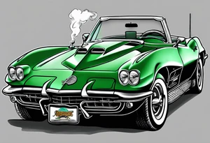 Skeleton smoking a cigarette driving a green 1976 convertible Corvette tattoo idea