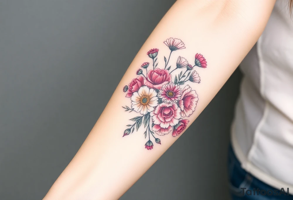 Bouquet of roses, carnations, marigolds, asters and poppies tattoo idea