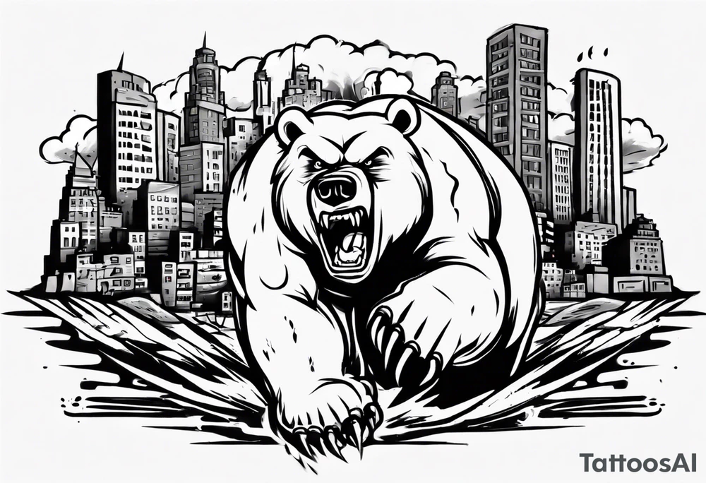 Angry bear coming up behind a city tattoo idea