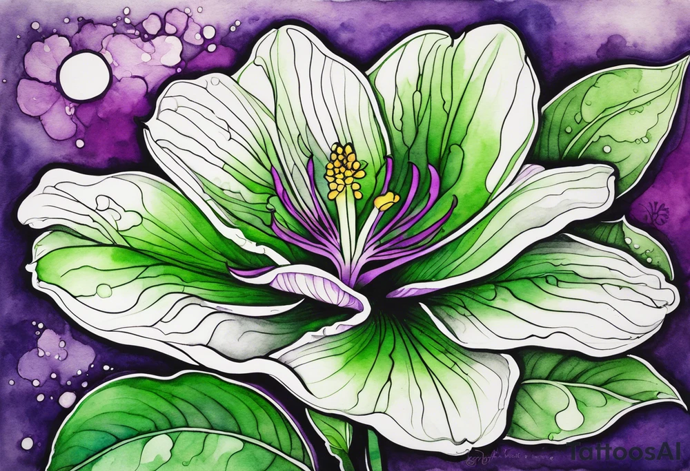 A mystical outline of a green and purple rio dipladenia flower and a green and purple watercolor splash in the background tattoo idea