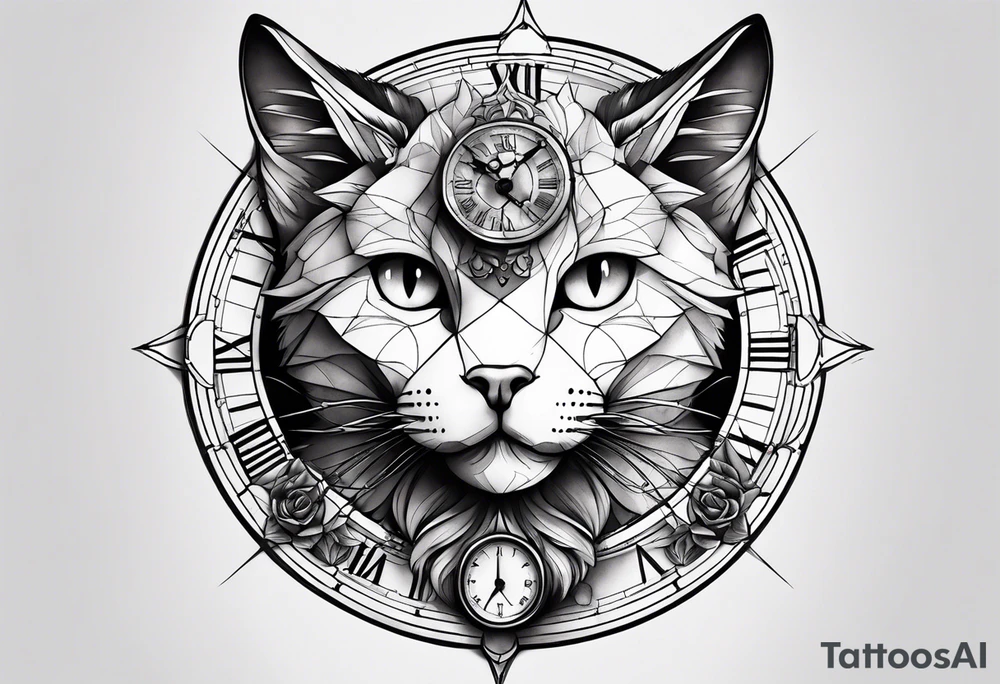 a cat with a clock tattoo idea
