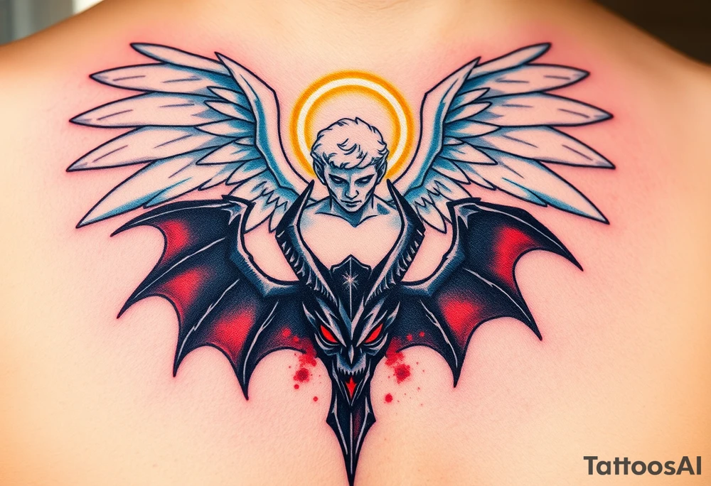 A radiant angel, with soft white wings and a glowing halo, surrounded by light, juxtaposed against a dark demon, with jagged black wings and fiery red eyes, symbolizing the ultimate conflict between good and evil. tattoo idea
