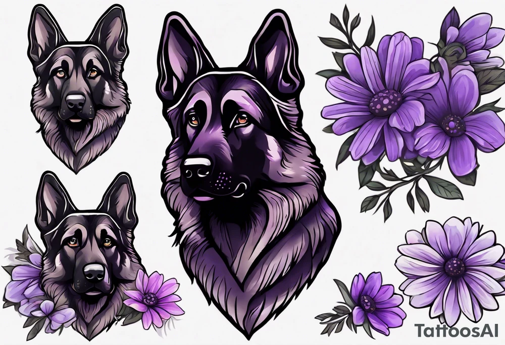 Dark Brown German shepherd portrait surrounded by purple daisies tattoo idea