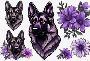 Dark Brown German shepherd portrait surrounded by purple daisies tattoo idea