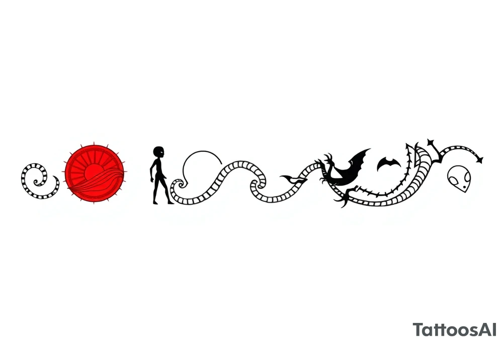 "Ultra-thin horizontal tattoo line art (ratio 15:1), 1px line width, black and red. Seamless repeating pattern for forearm wrap-around.  

Core pattern: Single continuous Greek meander (key pattern) with sharp 90° turns.  

Integrated symbols (minimalist, part of the line):  
- ☀ Red sun: 3mm circle + 4 triangular rays (red)  
- 🏃 Person: 3-line angular silhouette (black)  
- 👽 Alien: equilateral triangle + 2 dot eyes (black)  
- 🐉 Dragon: zigzag with 3 spikes (black)  

Rules:  
1. All symbols must connect to the meander line  
2. No gaps, no shading, no background  
3. Alien near moon, dragon near sun  
4. Perfect loop for 360° continuity  

Style: Ancient Greek meets cyber-minimalism, vector art precision." tattoo idea