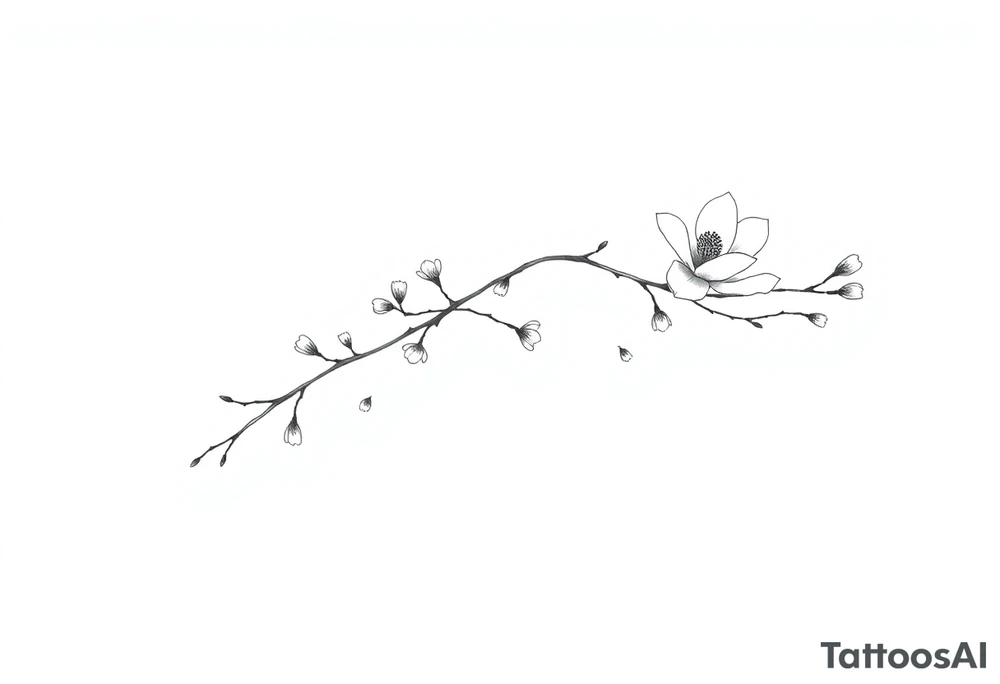 Graceful long magnolia branch with small flowers in early blossom stage with closed flowers tattoo idea