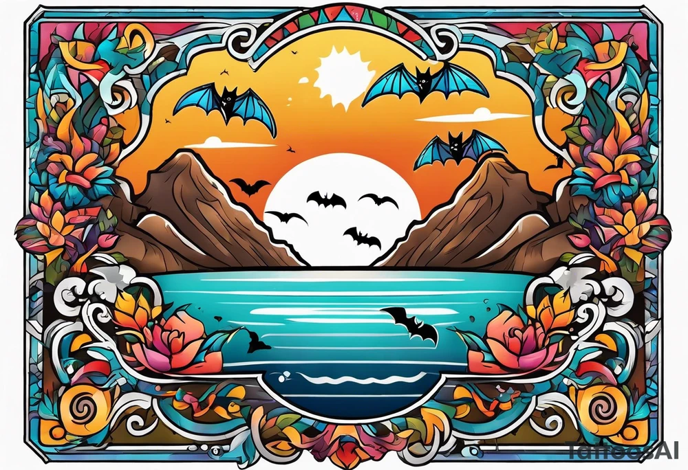 Colorful Mexican hieroglyph with bats and water tattoo idea