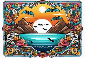 Colorful Mexican hieroglyph with bats and water tattoo idea