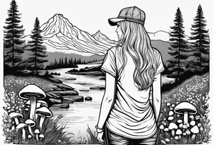 Straight long blonde hair hippie girl in distance holding mushrooms in hand facing away toward mountains and creek surrounded by mushrooms tee shirt hiking pants

Circular picture tattoo idea