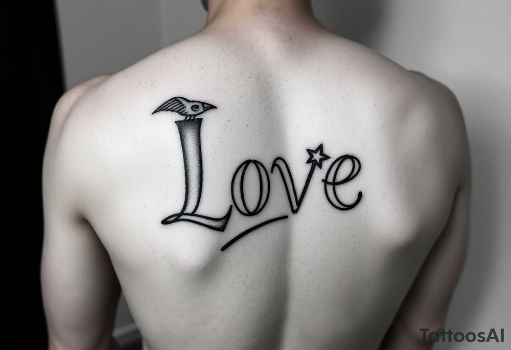 the word love with the “V” as a roman numeral 5 and a cardinal connecting to the side of the word tattoo idea