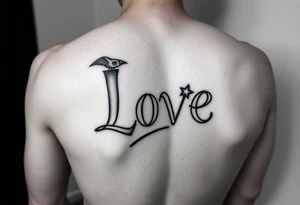 the word love with the “V” as a roman numeral 5 and a cardinal connecting to the side of the word tattoo idea