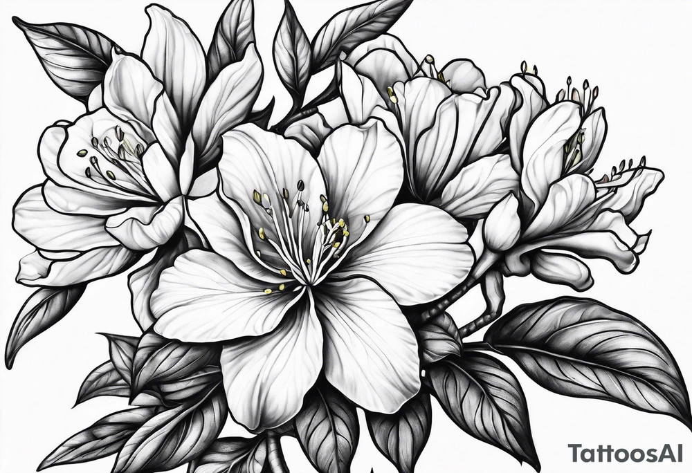 5-petal azaleas with buds along a long branch tattoo idea