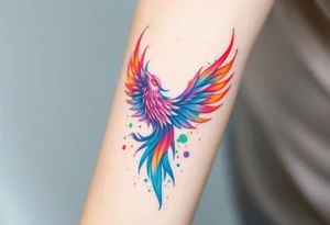 Phoenix in flames with purple, blue, orange, teal and green splashes, looking upwards with angry eye. No black outline. tattoo idea