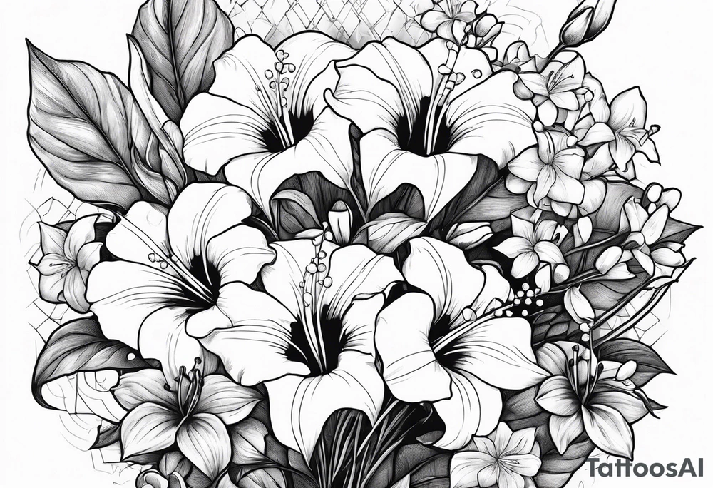 bouquet of morning glory and lily of the valley with psalm 23 written underneath tattoo idea