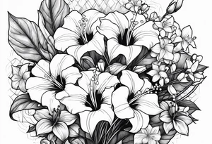 bouquet of morning glory and lily of the valley with psalm 23 written underneath tattoo idea