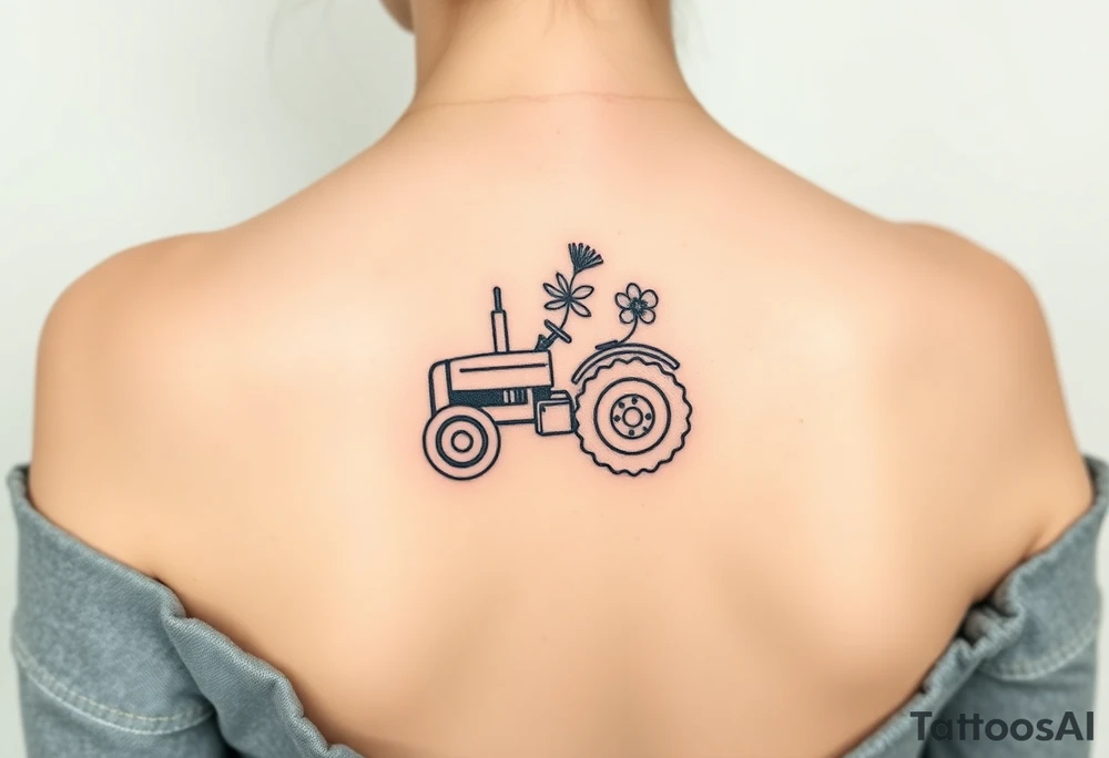 Petite small tractor with two flowers on it tattoo idea