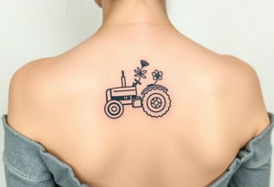Petite small tractor with two flowers on it tattoo idea