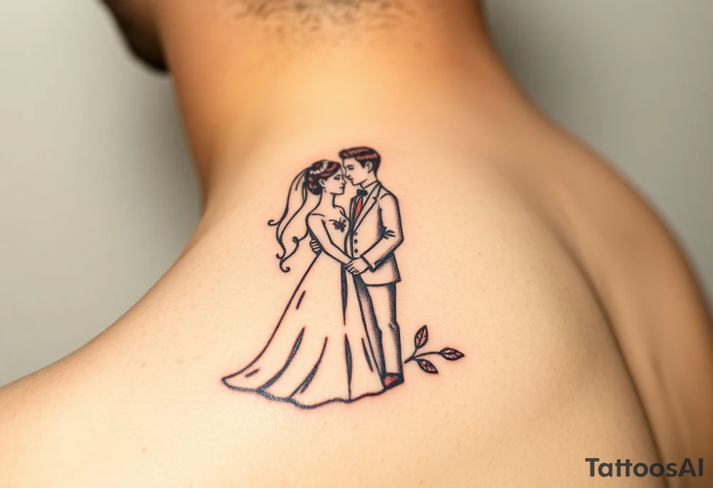 A softly shaded vintage-style illustration of a bride and groom, with sepia tones for an old-world charm tattoo idea