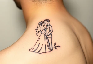 A softly shaded vintage-style illustration of a bride and groom, with sepia tones for an old-world charm tattoo idea