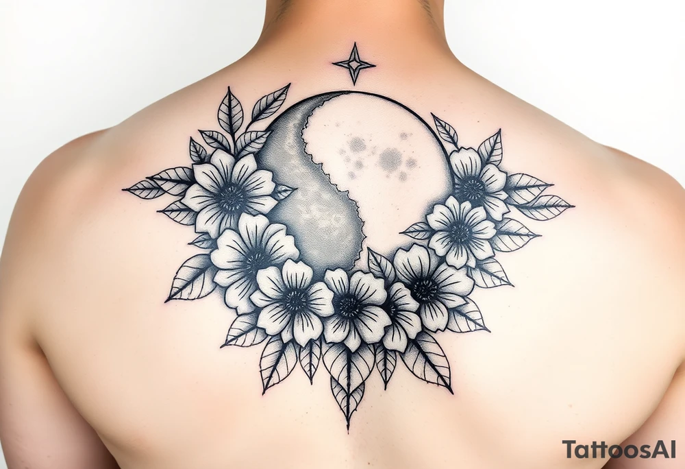 Flower sleeve surrounded by moon and star design tattoo idea