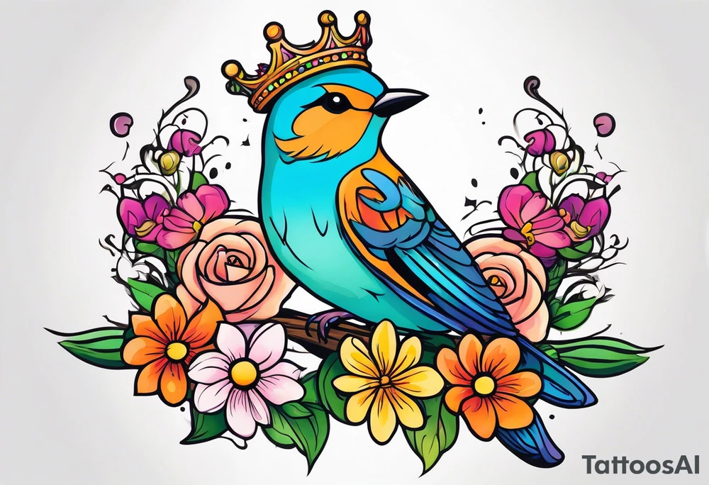 Fairytale flower bird crown tattoo idea