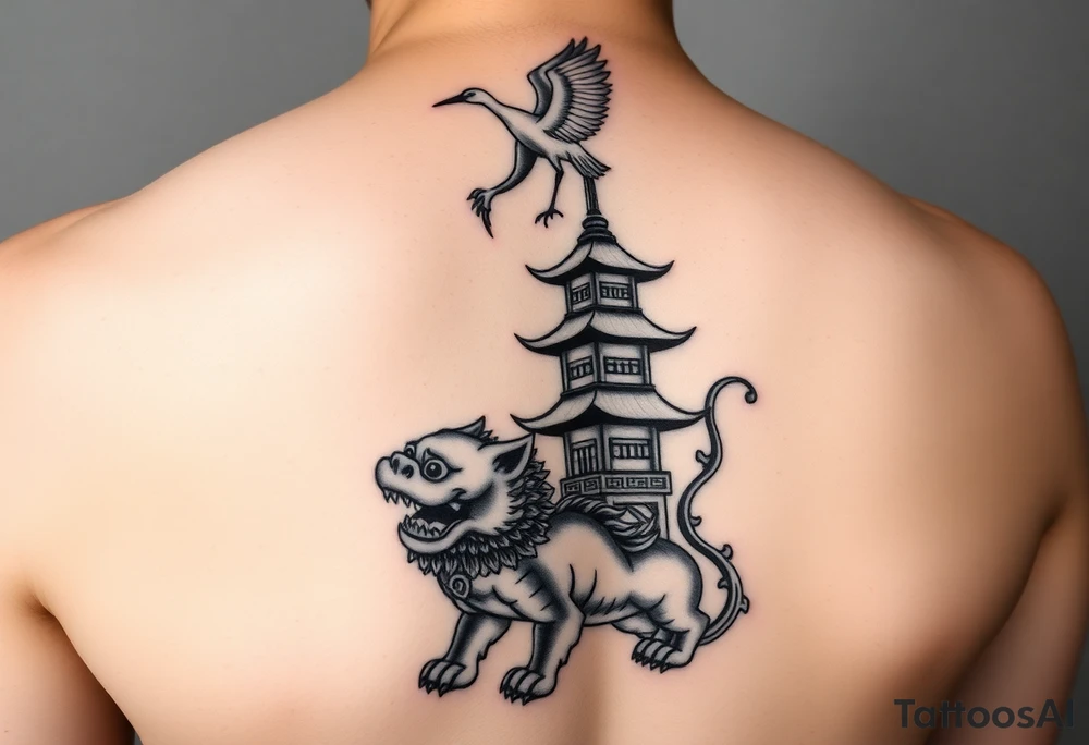 black and gray realism tattoo design for a full leg sleeve with chinese foo dog at the bottom, chinese pagoda on the calf and a chinese crane above the pagoda tattoo idea