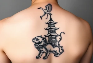 black and gray realism tattoo design for a full leg sleeve with chinese foo dog at the bottom, chinese pagoda on the calf and a chinese crane above the pagoda tattoo idea