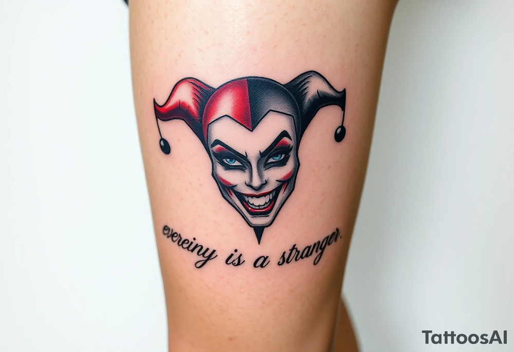 powerful Harley Quinn inspired piece using the quote or based of the idea of the quote “everyone has a stranger inside them” representing madness and genius, light and dark, good and evil tattoo idea