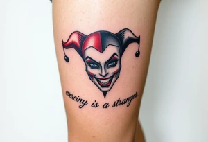 powerful Harley Quinn inspired piece using the quote or based of the idea of the quote “everyone has a stranger inside them” representing madness and genius, light and dark, good and evil tattoo idea