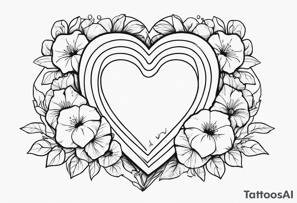 Heart with morning glory flowers and Cameron as the line to draw the heart and the time 8:34am written with the line tattoo idea