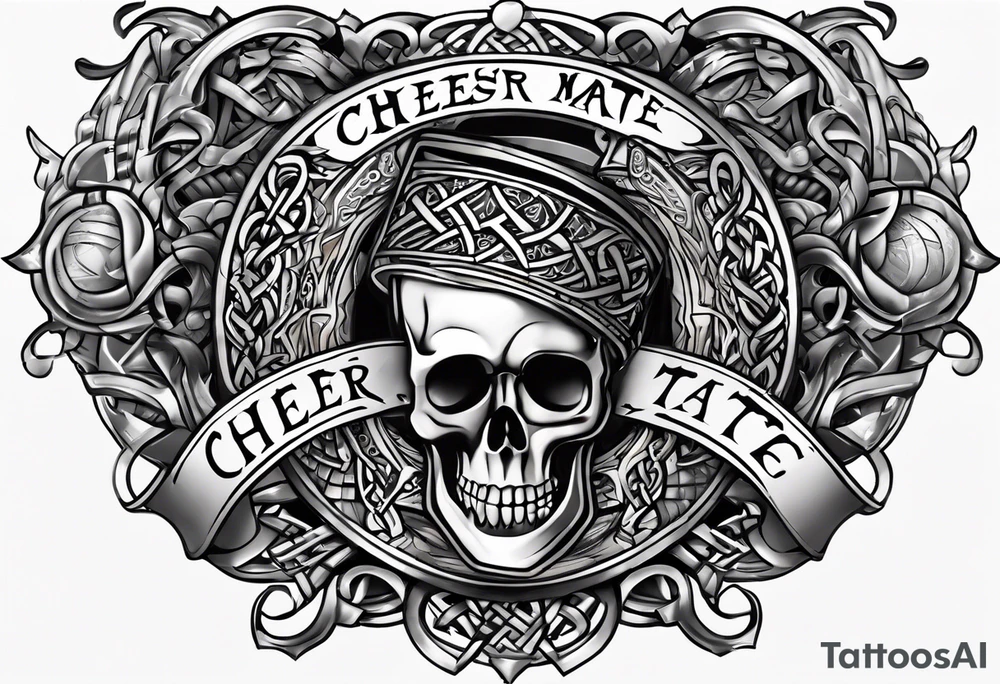 "Cheers Mate" text, armband +Celtic +grey Cancer Ribbon +tribal +artistic tattoo idea
