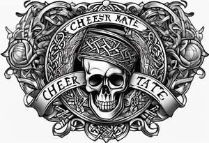 "Cheers Mate" text, armband +Celtic +grey Cancer Ribbon +tribal +artistic tattoo idea