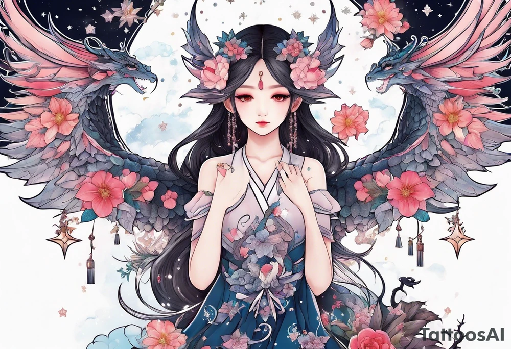 Constellation, wing , snow , cross , dragon female japan kawaii , flower tattoo idea