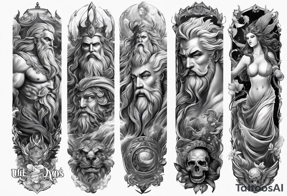 Tattoo sleeve with Zeus, Poseidon and Hades. tattoo idea