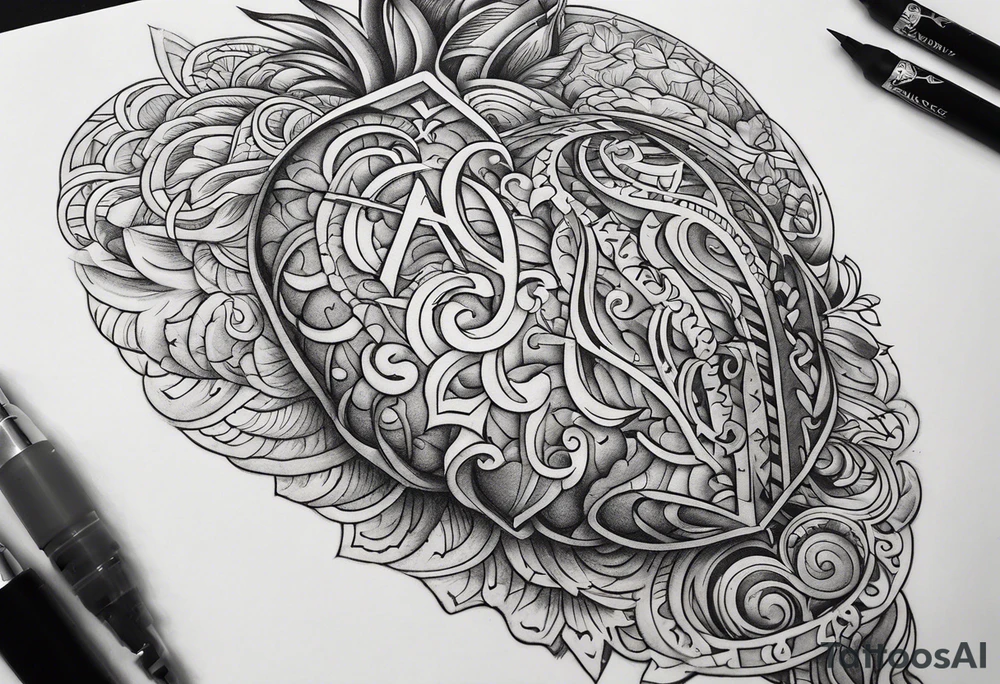 Heart bottom left a backslash line containing the word balance mid way, brain top right tattoo idea