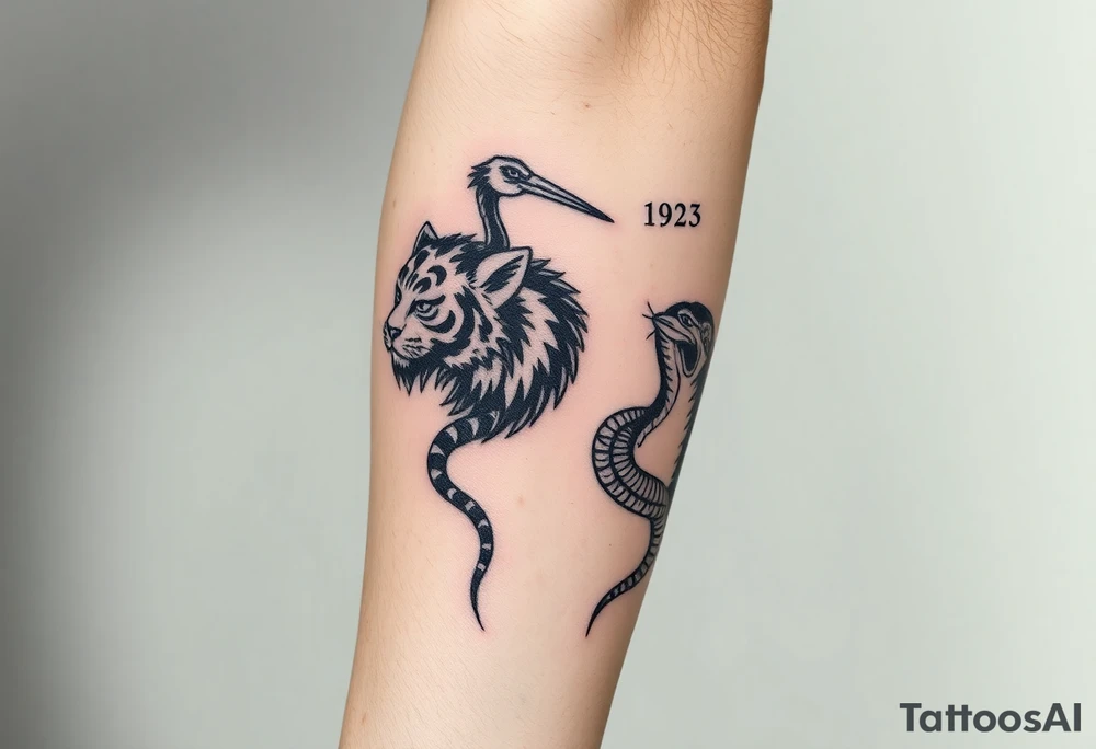 Crane, tiger, monkey and snake tattoo idea