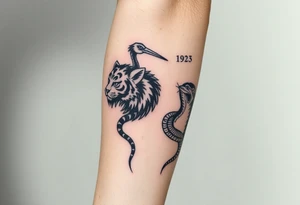 Crane, tiger, monkey and snake tattoo idea