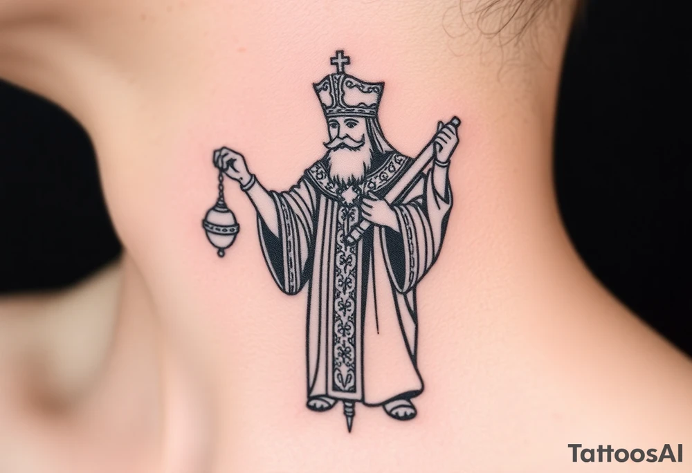 Russian orthodox priest in a detailed vestment swinging censer chains tattoo idea