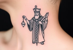 Russian orthodox priest in a detailed vestment swinging censer chains tattoo idea