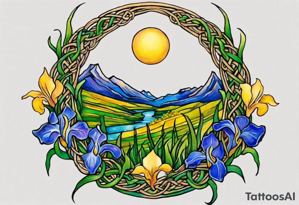Create a small, colorful Vincent van Gogh Irises tattoo in the form of a crescent, with vines in Celtic knot style gracefully intertwining at a central point in the middle of the wreath. The intended placement is on the upper chest. The middle needs mountains. The overall design should be small in size while maintaining a delicate and artistic aesthetic. Pay attention to the graceful flow of the vines and the placement of the irises to achieve a refined and elegant look. tattoo idea