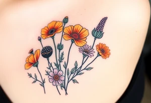 California poppies, California blackberries, gray’s lupine, marsh marigold, Indian paintbrush, one daisy, and an orange and orange blossom tattoo idea