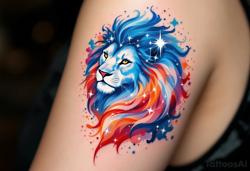 A fierce lion outlined in stardust white roams across a watercolor canvas of midnight blues and fiery oranges with Lion star constellation tattoo idea