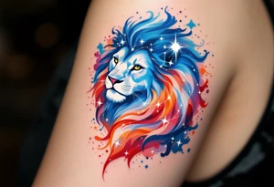 A fierce lion outlined in stardust white roams across a watercolor canvas of midnight blues and fiery oranges with Lion star constellation tattoo idea
